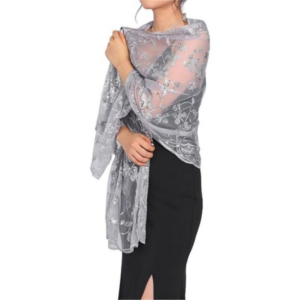 Vintage Silver Sequin Lace Shawls Bridal Wraps Scarf Formal Evening Dress Spark